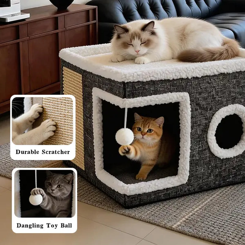 Large Cat Bed for Indoor Cats, Soft Foldable Cat Cave Hideaway for Kittens & Adult Cats with Sisal Scratch Pad & Hanging Fluffy Ball, 16.5"X16.5"X14", Grey