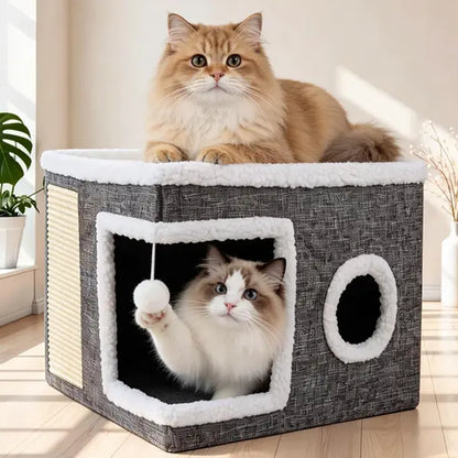 Large Cat Bed for Indoor Cats, Soft Foldable Cat Cave Hideaway for Kittens & Adult Cats with Sisal Scratch Pad & Hanging Fluffy Ball, 16.5"X16.5"X14", Grey
