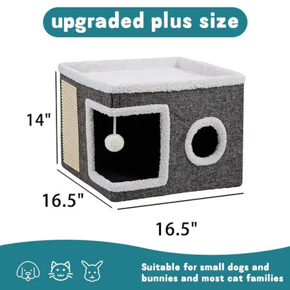 Large Cat Bed for Indoor Cats, Soft Foldable Cat Cave Hideaway for Kittens & Adult Cats with Sisal Scratch Pad & Hanging Fluffy Ball, 16.5"X16.5"X14", Grey