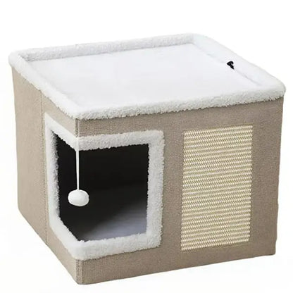 Large Cat Bed for Indoor Cats, Soft Foldable Cat Cave Hideaway for Kittens & Adult Cats with Sisal Scratch Pad & Hanging Fluffy Ball, 16.5"X16.5"X14", Grey