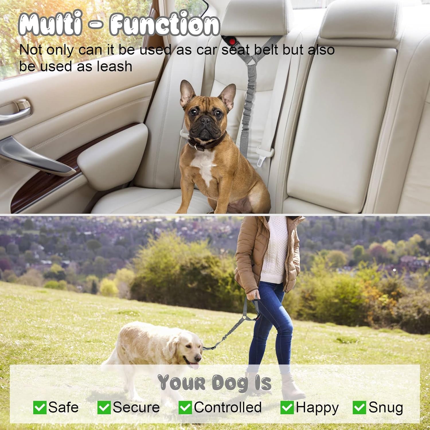 2-Pack Adjustable Dog and Cat Safety Seat Belt Straps with Reflective Elastic Bungee for Vehicle Restraint, Compatible with Harnesses, 18.9-27.5 inches