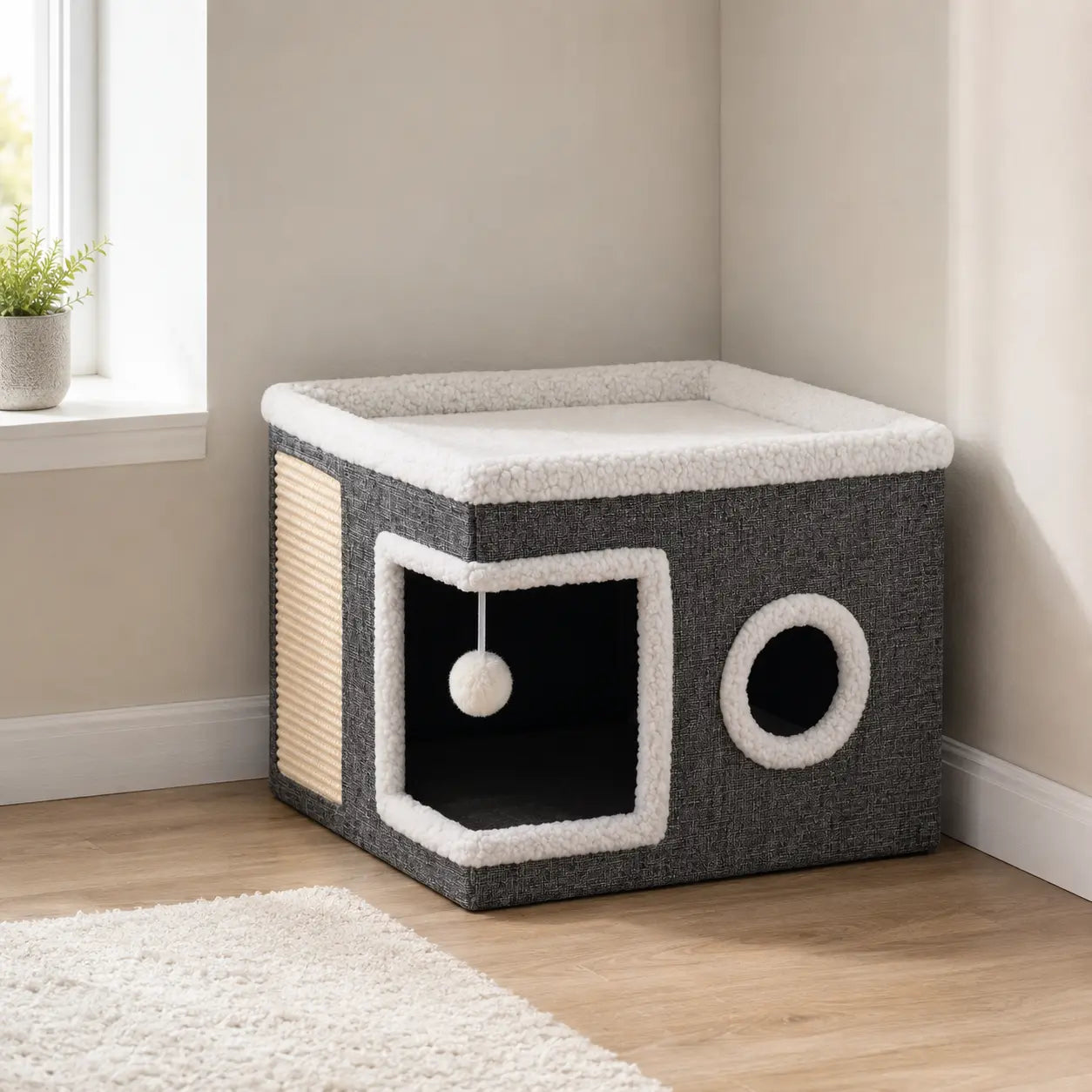 Large Cat Bed for Indoor Cats, Soft Foldable Cat Cave Hideaway for Kittens & Adult Cats with Sisal Scratch Pad & Hanging Fluffy Ball, 16.5"X16.5"X14", Grey