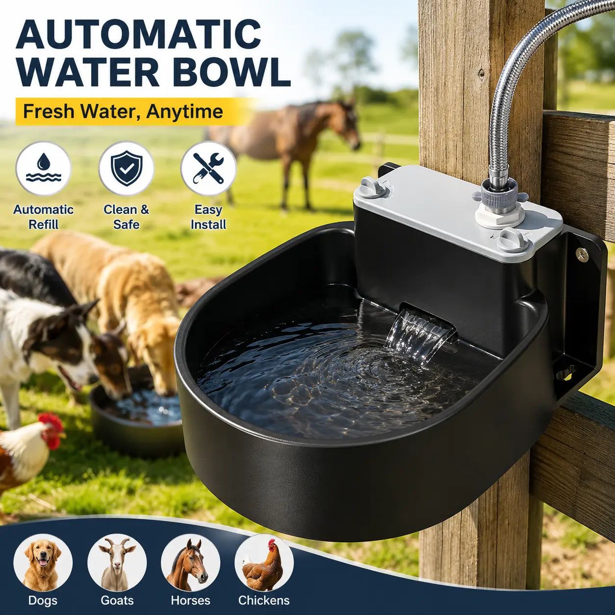 Farmparadise Automatic Dog Water Bowl, Water Dispenser for Dogs, Chicken Waterer for Coop with Float Valve, Filter, Hose & Adapter, Outdoor Livestock Water Bowl for Goats & Horses, Chicken Coop Accessories