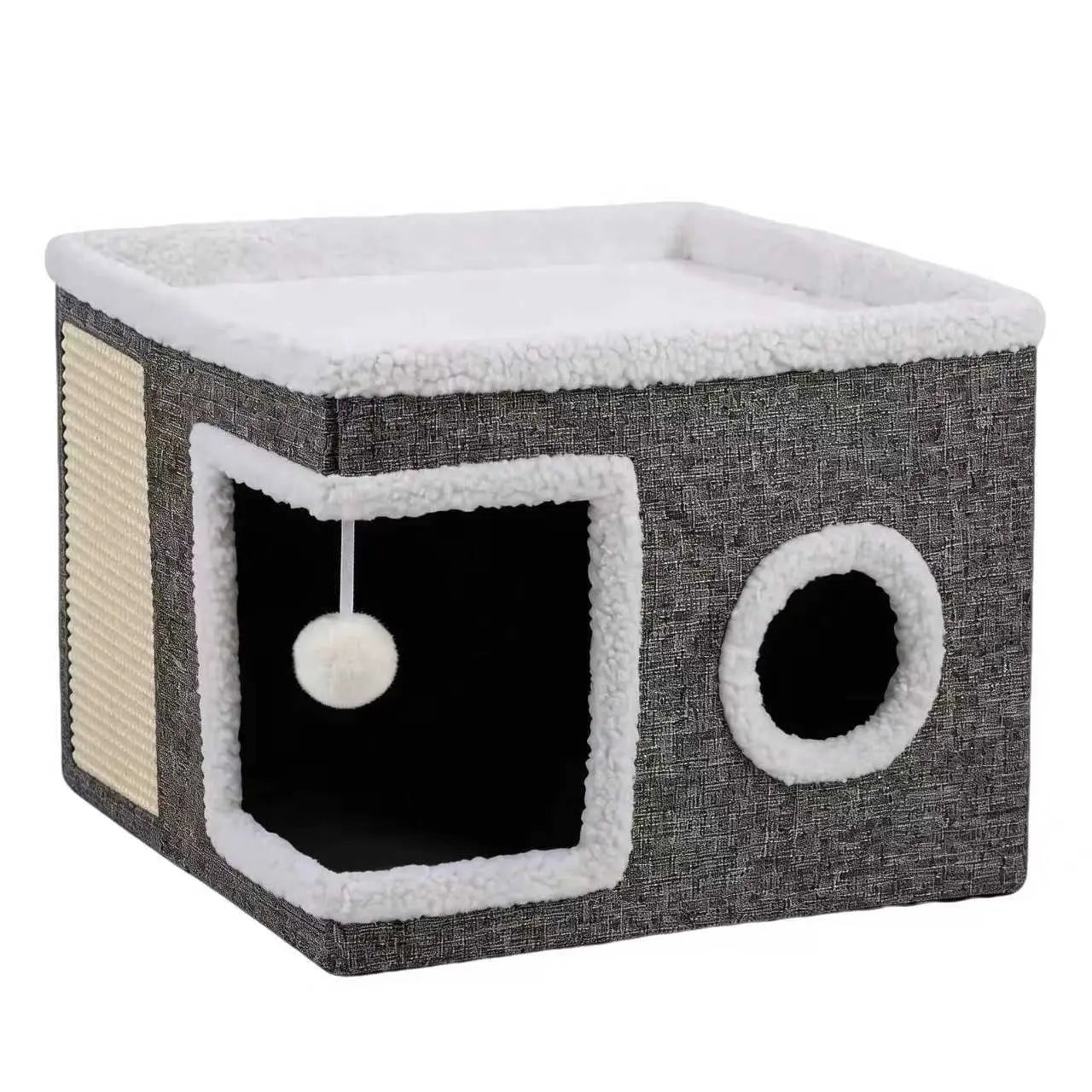 Large Cat Bed for Indoor Cats, Soft Foldable Cat Cave Hideaway for Kittens & Adult Cats with Sisal Scratch Pad & Hanging Fluffy Ball, 16.5"X16.5"X14", Grey