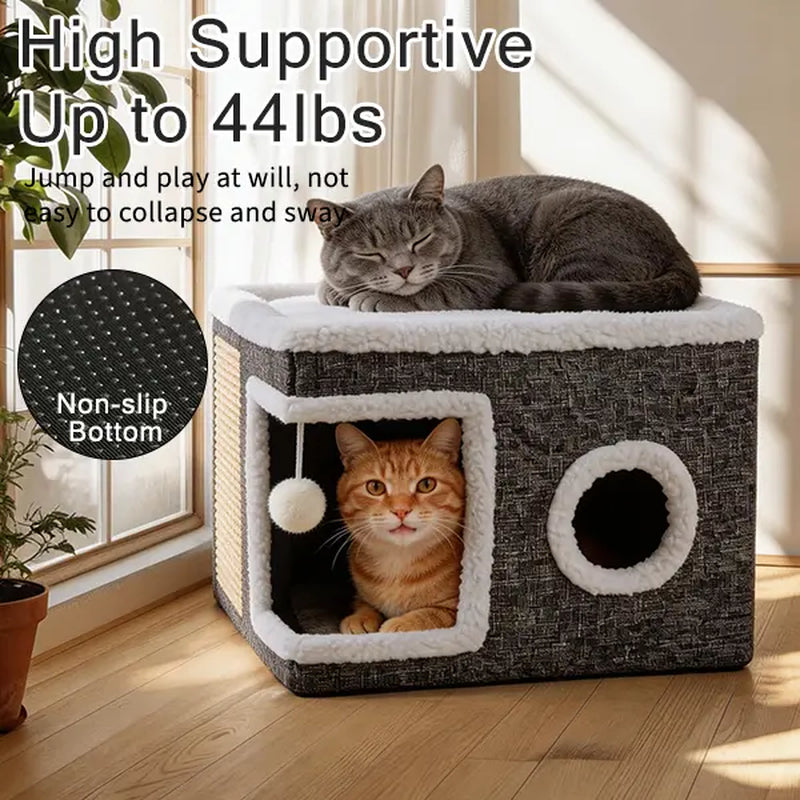 Large Cat Bed for Indoor Cats, Soft Foldable Cat Cave Hideaway for Kittens & Adult Cats with Sisal Scratch Pad & Hanging Fluffy Ball, 16.5"X16.5"X14", Grey