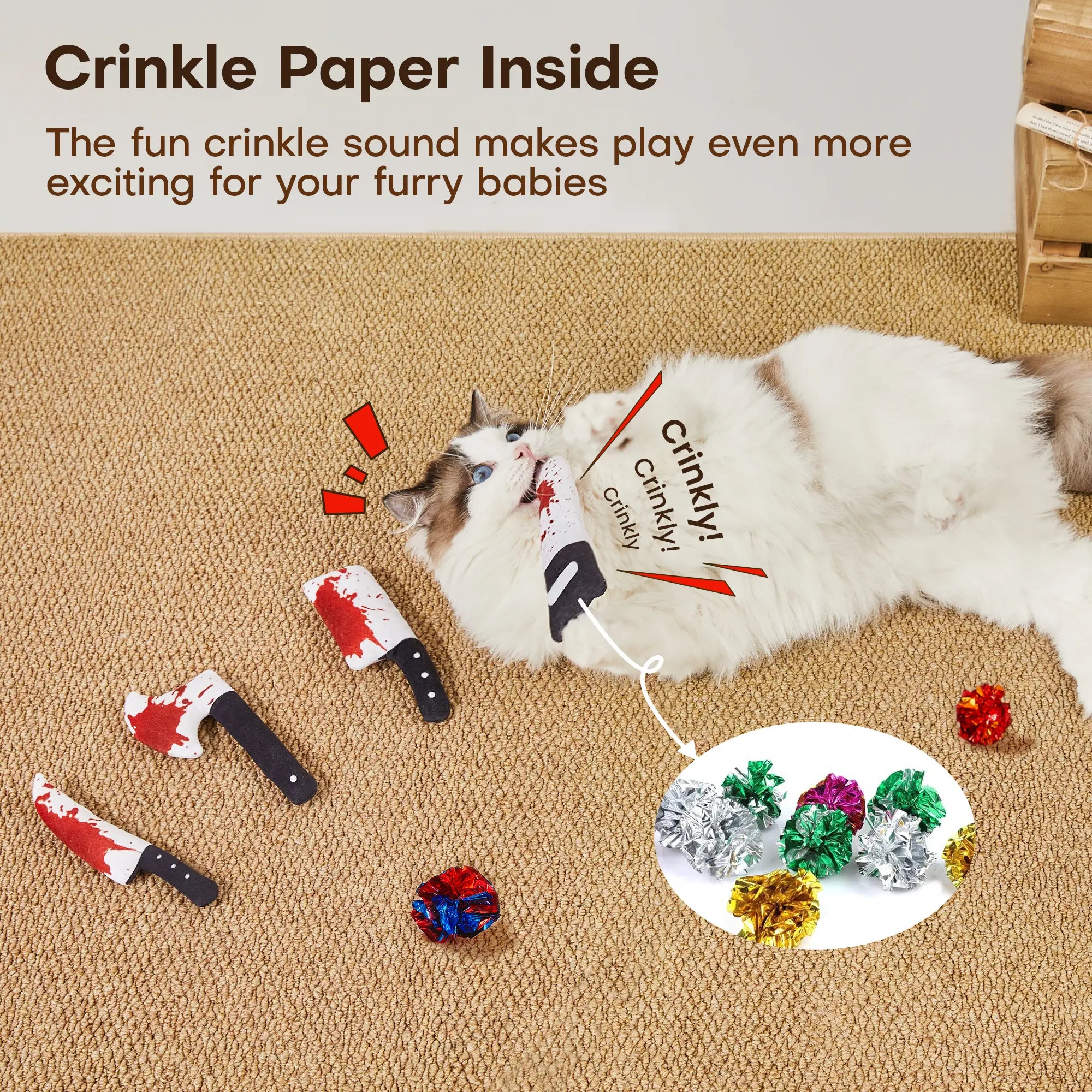 Potaroma 4Pcs Cat Toys, Halloween Horror Knife-Shaped Cat Crinkly Toys, 6.5 Inch Soft Kitten Sound Toys, Interactive Indoor Exercise Toys for All Cat Breeds