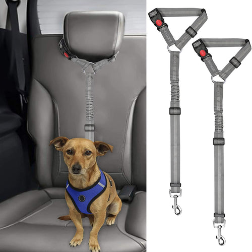 2-Pack Adjustable Dog and Cat Safety Seat Belt Straps with Reflective Elastic Bungee for Vehicle Restraint, Compatible with Harnesses, 18.9-27.5 inches