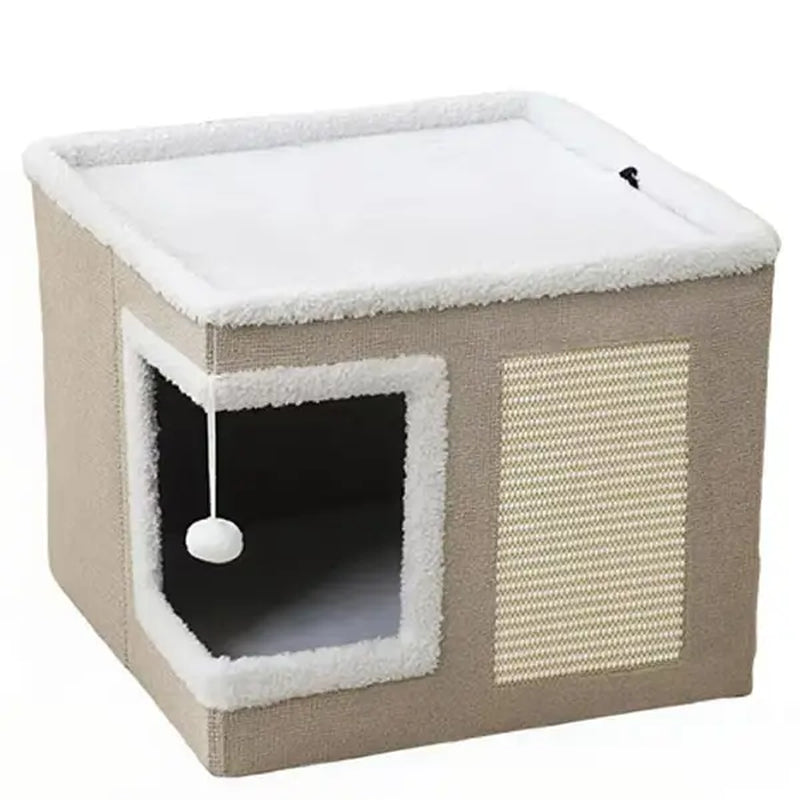 Large Cat Bed for Indoor Cats, Soft Foldable Cat Cave Hideaway for Kittens & Adult Cats with Sisal Scratch Pad & Hanging Fluffy Ball, 16.5"X16.5"X14", Grey