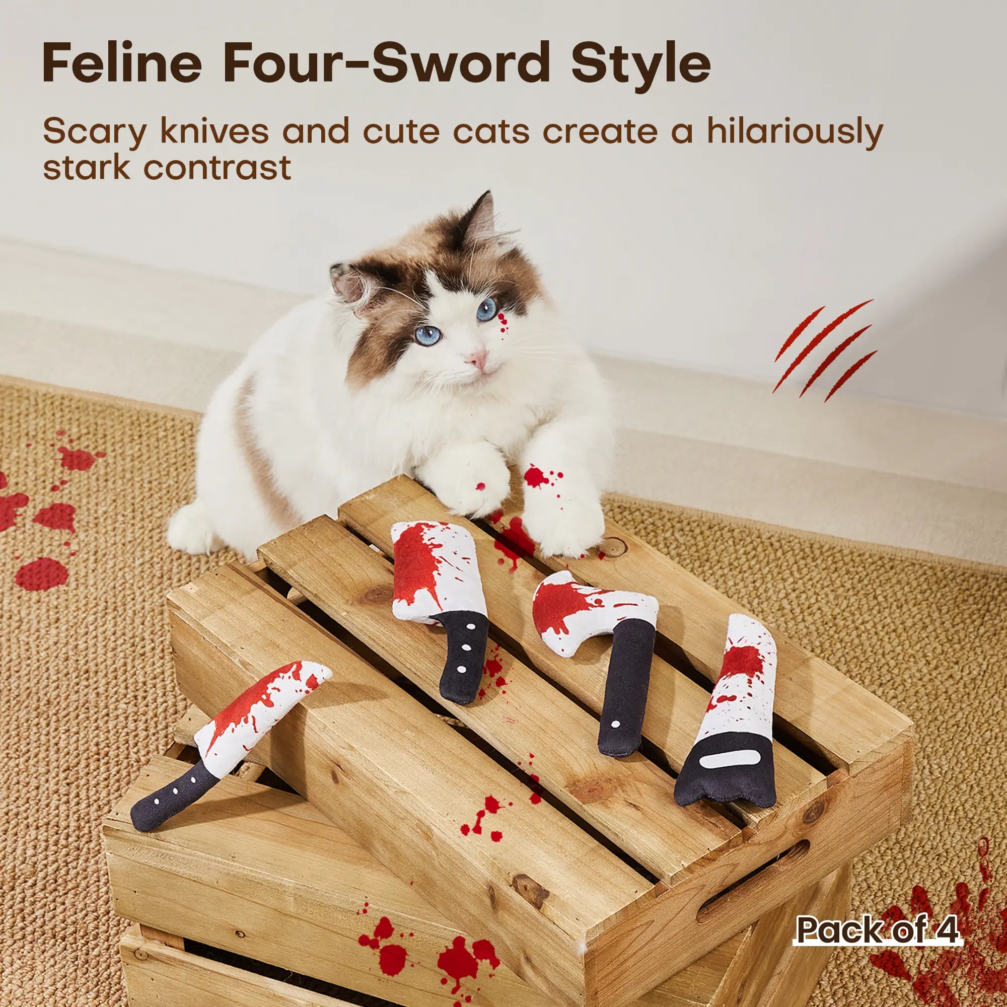 Potaroma 4Pcs Cat Toys, Halloween Horror Knife-Shaped Cat Crinkly Toys, 6.5 Inch Soft Kitten Sound Toys, Interactive Indoor Exercise Toys for All Cat Breeds