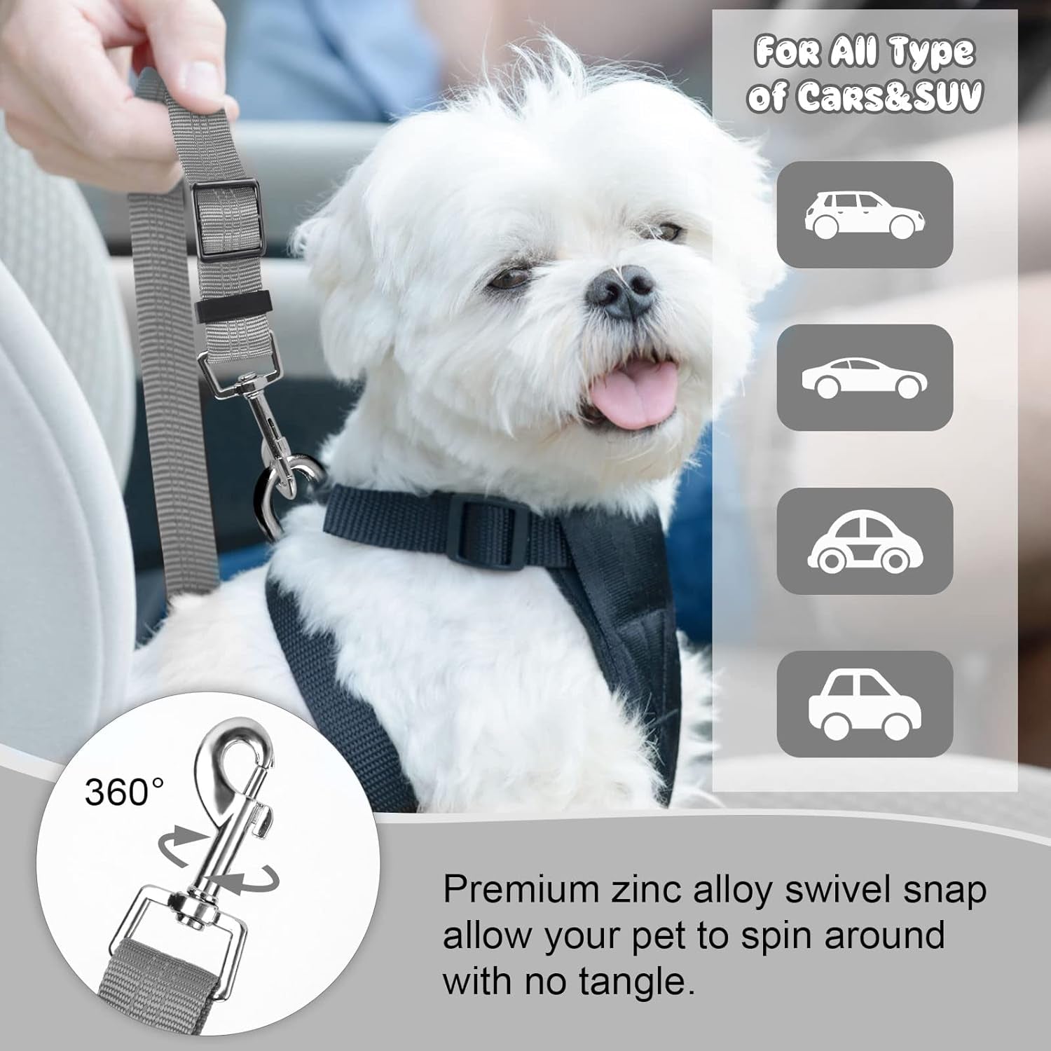 2-Pack Adjustable Dog and Cat Safety Seat Belt Straps with Reflective Elastic Bungee for Vehicle Restraint, Compatible with Harnesses, 18.9-27.5 inches