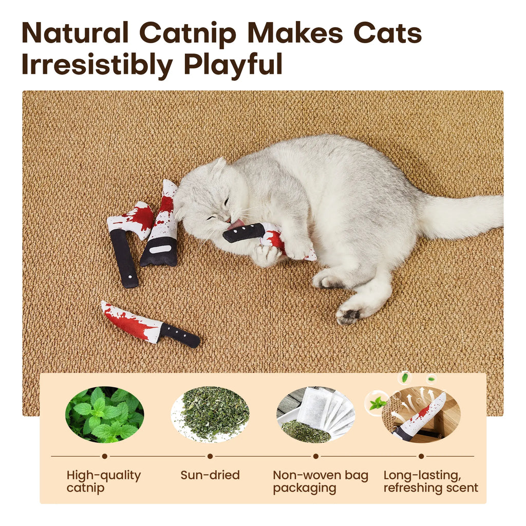 Potaroma 4Pcs Cat Toys, Halloween Horror Knife-Shaped Cat Crinkly Toys, 6.5 Inch Soft Kitten Sound Toys, Interactive Indoor Exercise Toys for All Cat Breeds