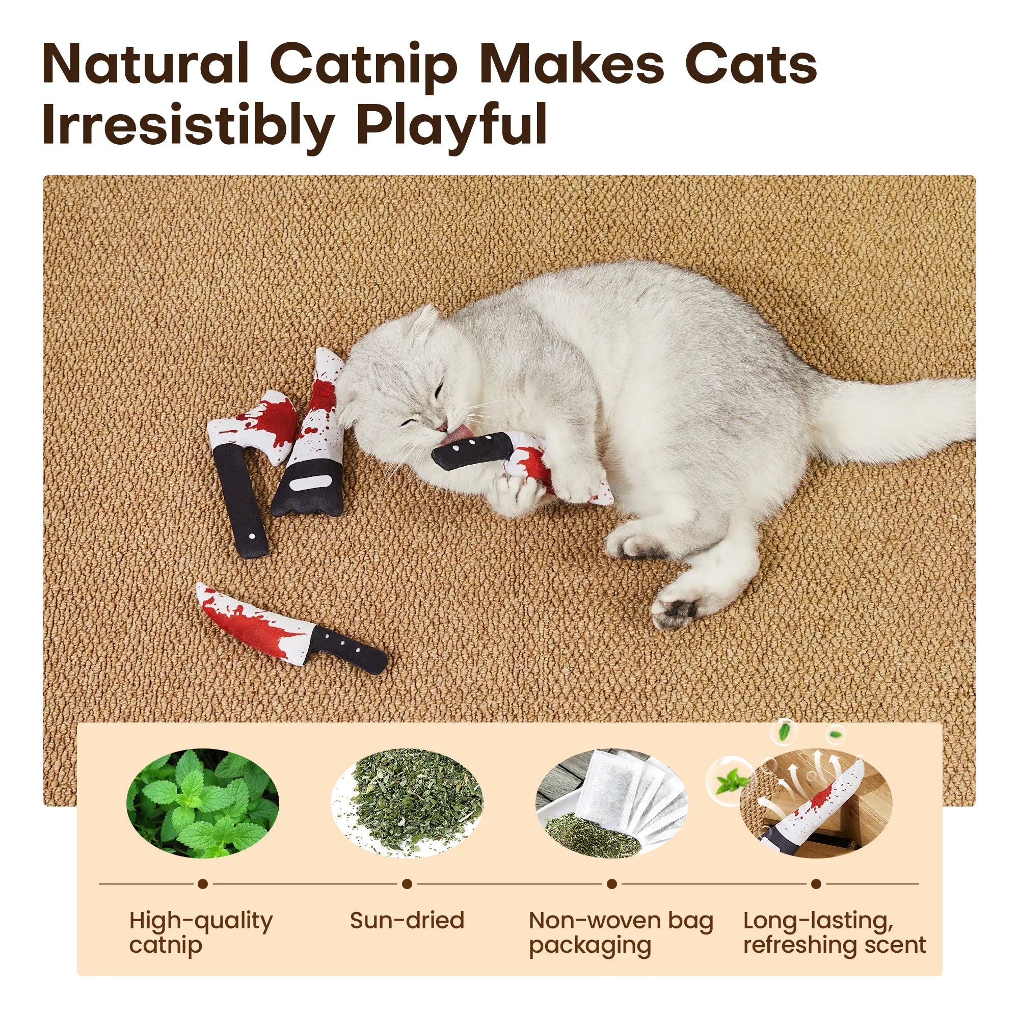 Potaroma 4Pcs Cat Toys, Halloween Horror Knife-Shaped Cat Crinkly Toys, 6.5 Inch Soft Kitten Sound Toys, Interactive Indoor Exercise Toys for All Cat Breeds
