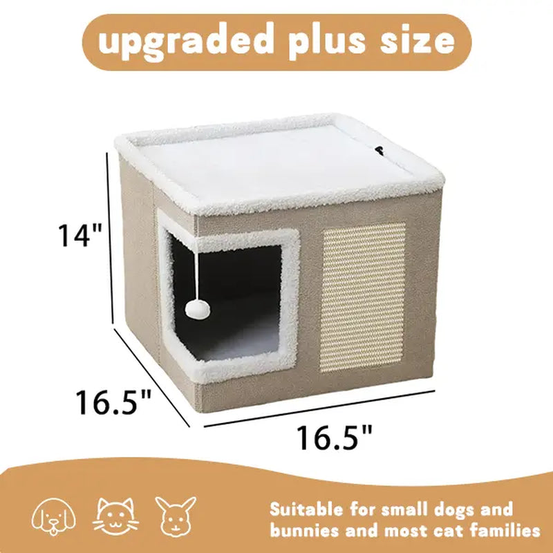 Large Cat Bed for Indoor Cats, Soft Foldable Cat Cave Hideaway for Kittens & Adult Cats with Sisal Scratch Pad & Hanging Fluffy Ball, 16.5"X16.5"X14", Grey